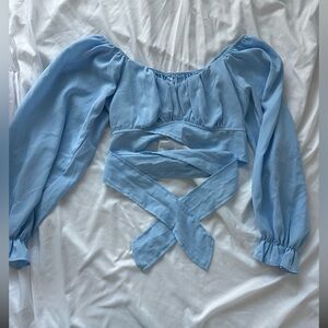 Blue Crop Tie Blouse